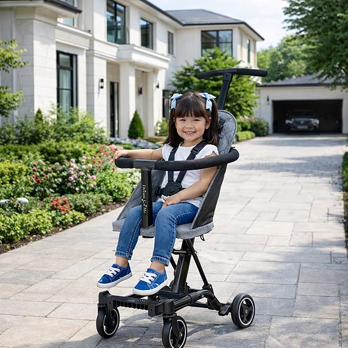 Dream On Me Coast Rider Travel Stroller, Lightweight & Compact Baby Stroller, Theme Park Approved, Book-Folding Design, Adjustable Handle, Soft-Ride Wheels, Converts to Rider & Scooter - Gray