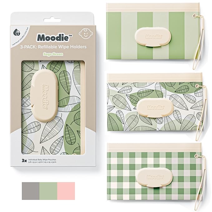 NEW 3 PACK Baby Wipes Holder | Refillable Wipes Container w/DOUBLE-LOCK SEAL |Travel Wipe Case | Portable Wipe Dispenser for Diaper Bag w Silicone Strap | Reusable Wipes Pouch (SAGE GREEN) by Moodie