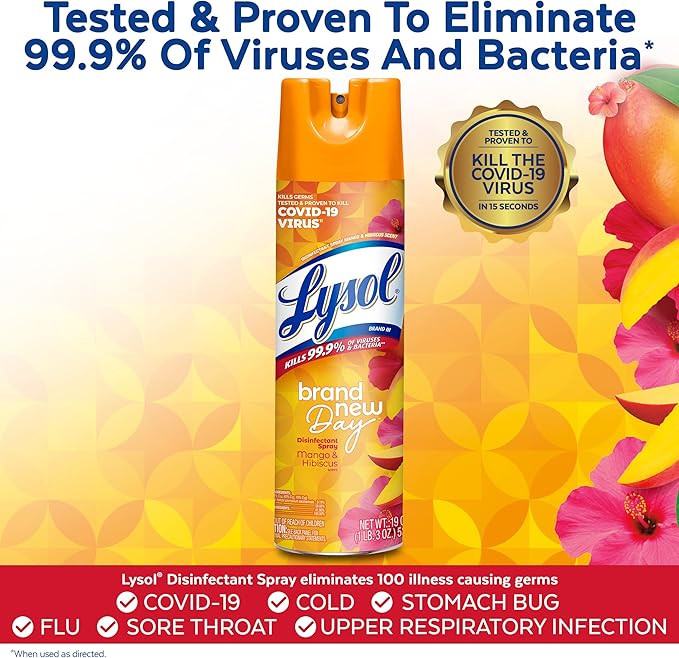 Lysol Disinfectant Spray, Sanitizing and Antibacterial Spray, For Disinfecting and Deodorizing, Mango & Hibiscus Scent, 19 Fl Oz
