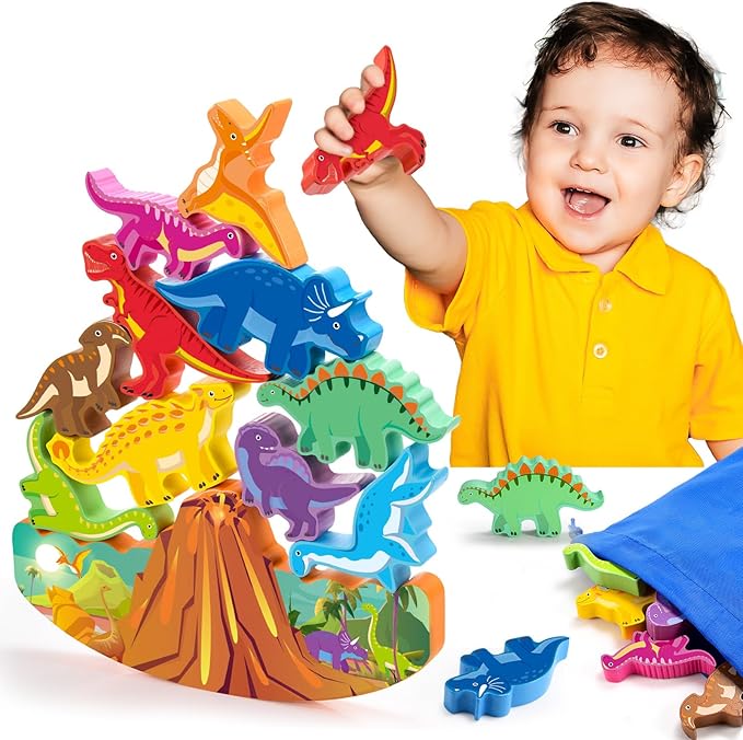 Dinosaur Toys for Kids 3-8 Kid Wooden Stacking Blocks Montessori Toy for 3 4 5 6 7 8 Year Old Boys Girls Christmas Birthday Gifts Toddler Balance Game Ages 3-5 Toys for Boy Girl Age 5-7