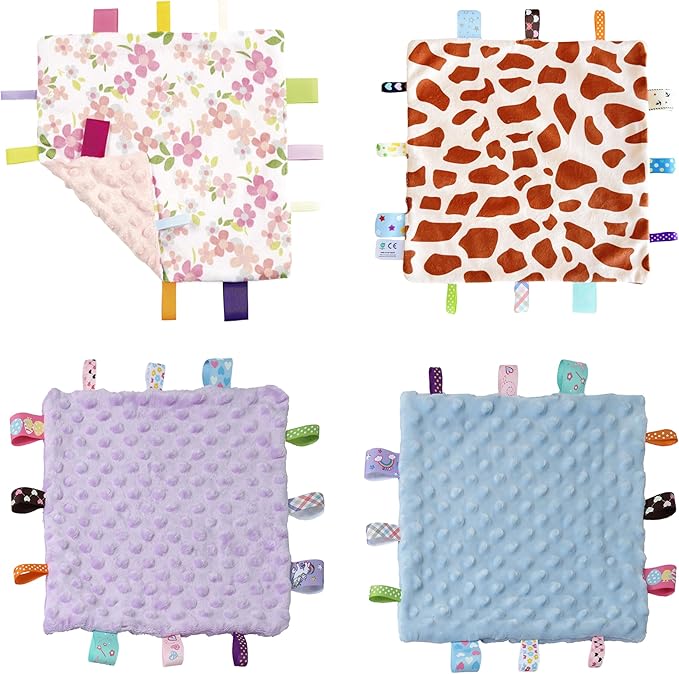 CREVENT Tag Security Blankets for Babies, Soft Small Loveys for Boys, Baby Comforter Sensory Blanket, Great Gifts for Birthday Baby Shower (10"X10" GiraffeDot+Flower+Purple+Blue)