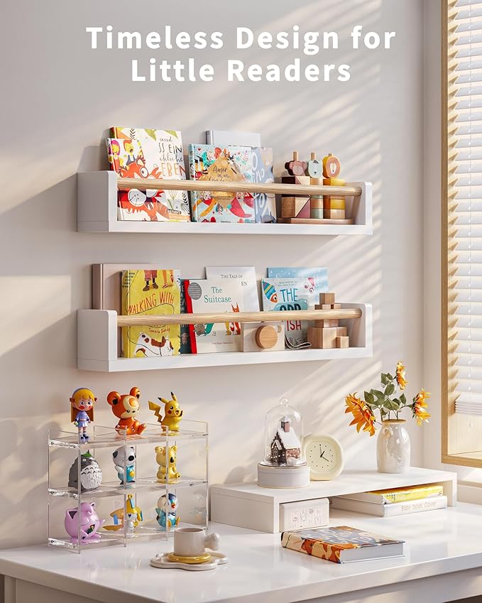 Nursery Book Shelves, 4 Pack, Wall Book Shelves for Kids Room, Baby, Toddler, Nursery Decor (White Wood, 23.1 Inches)