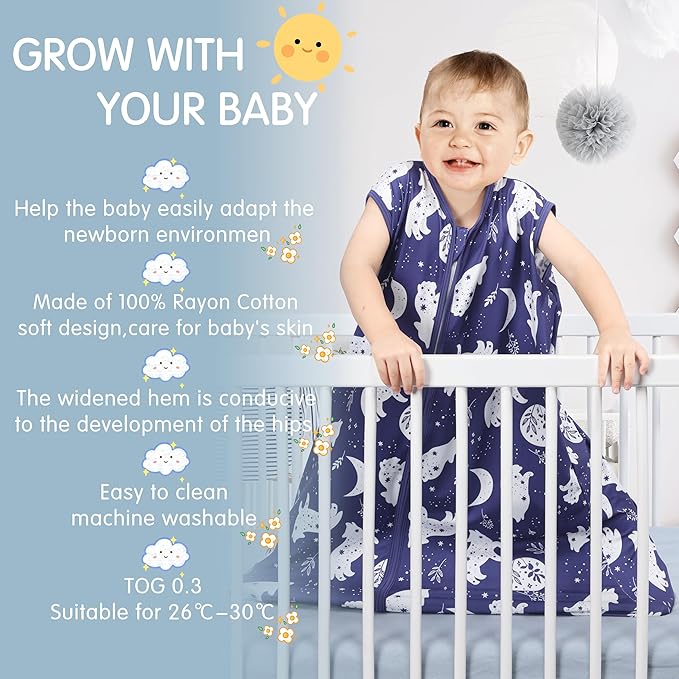 3 Pack Baby Sleep Sack 100% Rayon Cotton Baby Sleeping Bag 2-Way Zipper Toddler Wearable Blankets TOG 0.3. (Fox&Dinosaurs&Dark gray, 18-24 Months)