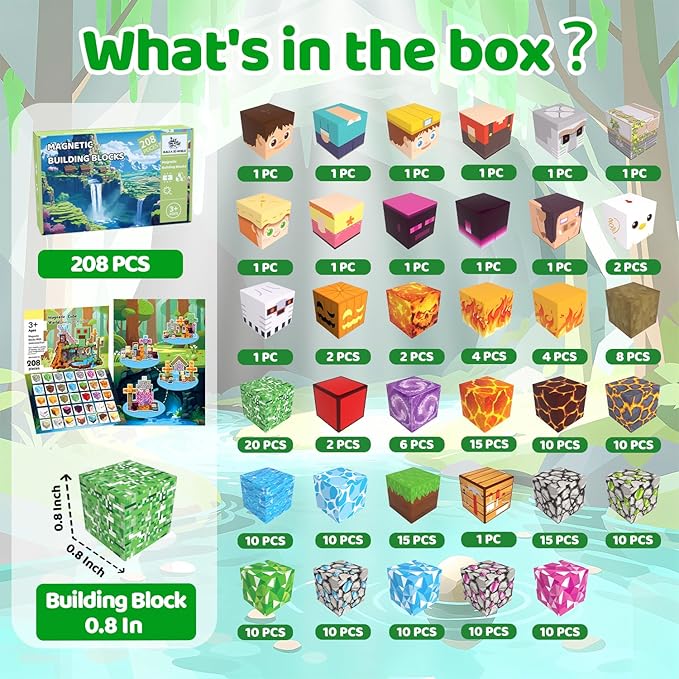Magnetic Blocks, 208PCS Magnetic Building Blocks, Stacking Magnets for Kids, Sensory Toy for STEM Constructions Magnet Blocks for Boys Girls Age 3+, Christmas Birthday Gifts (Cavern Explore)