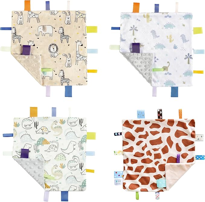 CREVENT Tag Security Blankets for Babies, Soft Small Loveys for Boys, Baby Comforter Sensory Blanket, Great Gifts for Birthday Baby Shower (10"X10" 4 Colors)