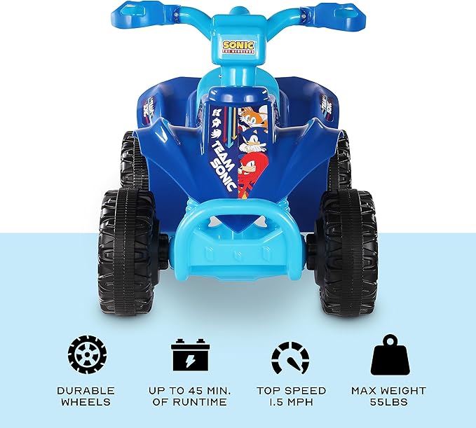 Sonic The Hedgehog 6V ATV Quad for Kids - Powerful and Safe Ride-On Toy with Rechargeable Battery - Forward and Reverse Driving - Max Weight Capacity of 55 LBS - Ages 2-3 Years