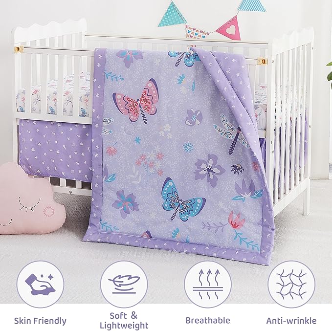 3 Piece Baby Crib Bedding Set, Infant Nursery Bed Set Decor with Quilt + Fitted Crib Sheet + Skirt, Baby Bedding Set Breathable and Soft for Baby Boy and Girl - Purple Butterfly