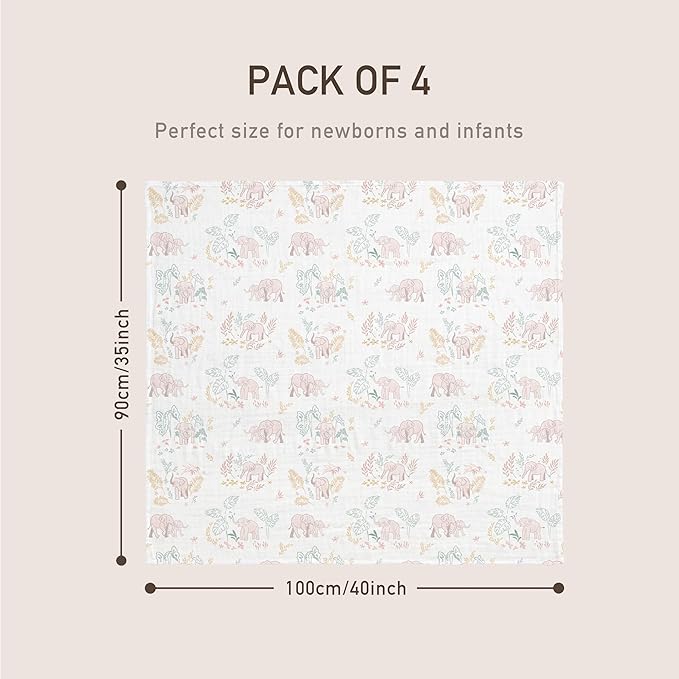 GLLQUEN BABY Muslin Swaddle Blankets 4-Pack Breathable Receiving Blankets (35" x 40") Soft Baby Blankets for Girls and Boys Newborn Essentials Muslin Burp Cloths Swaddle Wrap Baby Gift(Pink Elephant)