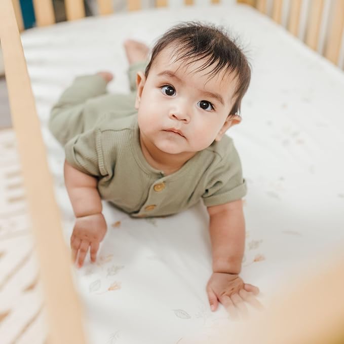 Crane Baby Crib Sheets Neutral, 100% Cotton Crib Sheets Girl or Boy, Dainty Leaf Pattern, Crib Bedding, 28" x 52" x 9", Fits Standard Mattress, Neutral Nursery Decor, AZO-Free Dyes for Sensitive Skin