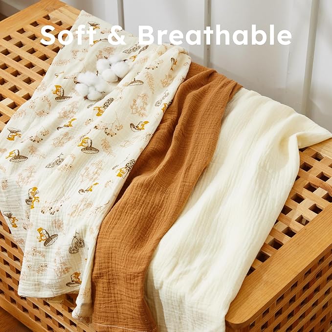 5 Pack Muslin Swaddle Blankets & Baby Burp Cloths, Soft & Breathable Cotton Baby Blankets, Receiving Blankets for Newborn, Nursery Infant Essentials, Swaddling Wrap for Unisex (Brown & Beige)