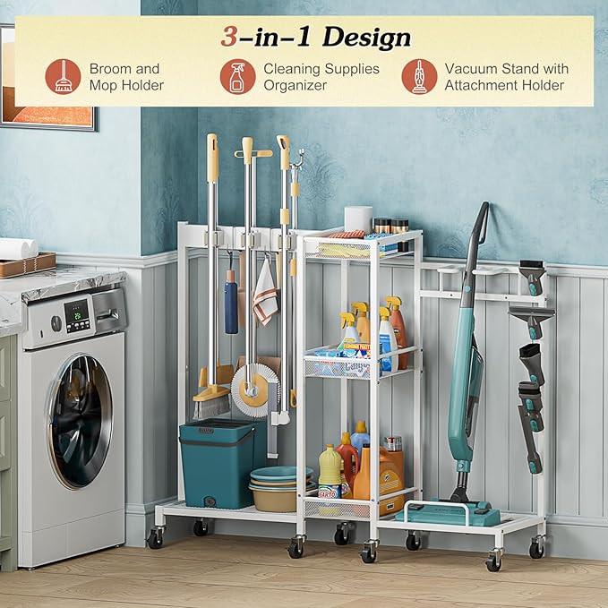 Broom Holder with Cleaning Supplies Organizer, Broom Closet Storage Cabinet with Cleaning Caddy Vacuum Stand, Cleaning Cart with Mop Hanger Gripper Rack Hook, Laundry Room Organization Home Essentials