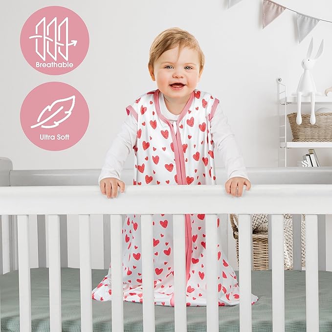 3 Pack Baby Sleep Sack 12-18 Months 100% Rayon Cotton Baby Sleeping Bag 2-Way Zipper Toddler Wearable Blankets Comfy Stretchy Lightweight TOG 0.3 （Heart&Pink&Floral）