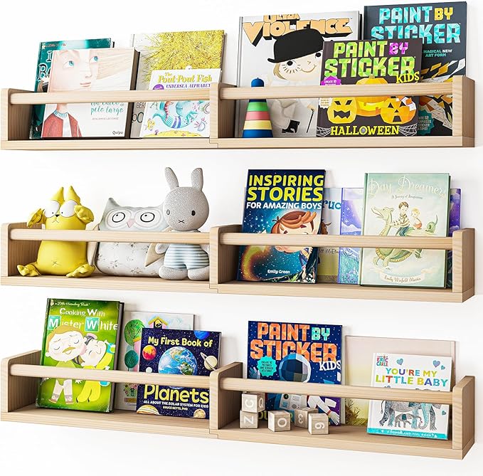 Fixwal Nursery Bookshelves, 32in Floating Bookshelves for Wall Set of 3, Wood Wall Mounted Floating Shelves for Baby Nursery Decor and Toys Storage (Natural Wood)