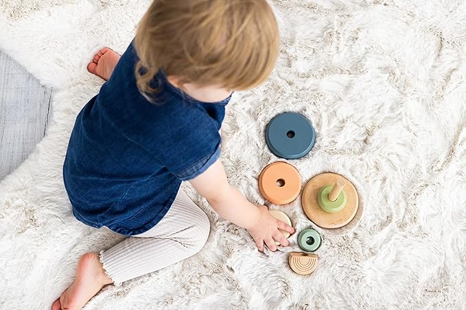 Pearhead Wooden Stacking Rainbow Toy, Montessori Learning Rings for Babies and Toddlers 12+ Months, Color Sorting Play, Nursery Decor, Spring Easter Basket Gift