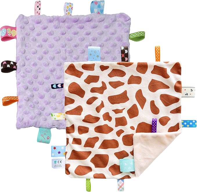CREVENT Tag Security Blankets for Babies, Soft Small Loveys for Boys, Baby Comforter Sensory Blanket, Great Gifts for Birthday Baby Shower (10"X10" GiraffeDot+Purple)