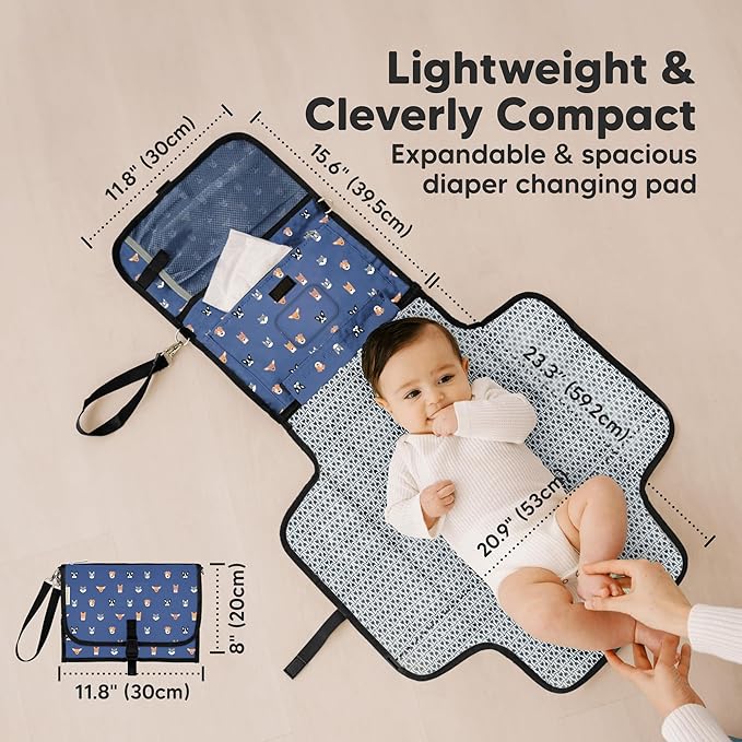 KeaBabies Portable Diaper Changing Pad - Large Waterproof Baby Changing Mat, Compact Travel Diaper Clutch, Functional Pockets Fit Newborn Essentials, Wipeable & Padded Baby Changer (Pets & Paws)