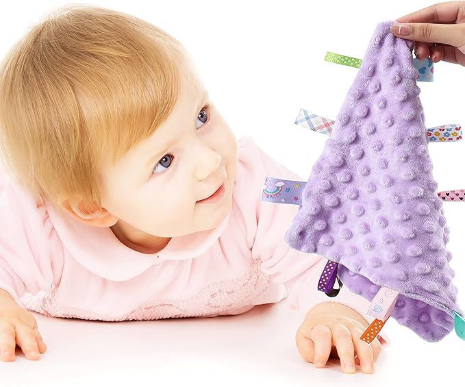 CREVENT Tag Security Blankets for Babies, Soft Small Loveys for Girls, Baby Comforter Sensory Blanket, Great Gifts for Birthday Baby Shower (10"X10" Purple Tag)