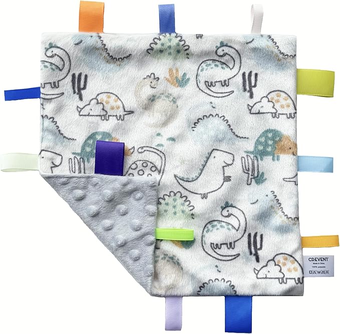 CREVENT Tag Security Blankets for Babies, Soft Small Loveys for Girls, Baby Comforter Sensory Blanket, Great Gifts for Birthday Baby Shower 10"X10" (Dinosaur+Orange)
