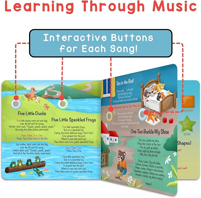 LEARNING BUGS Numbers, Colors & Shapes – 28 Favorite Counting Nursery Rhymes, Musical Books for Toddlers, 28-Button Music Book, Musical Toys for Toddlers 1-3