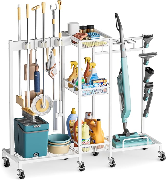 Broom Holder with Cleaning Supplies Organizer, Broom Closet Storage Cabinet with Cleaning Caddy Vacuum Stand, Cleaning Cart with Mop Hanger Gripper Rack Hook, Laundry Room Organization Home Essentials