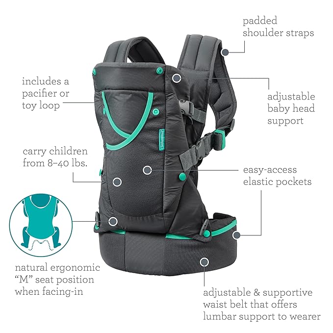Infantino Carry On Active Baby Carrier, Ergonomic Multi-Pocket Baby Carrier for Newborn to Toddler 8-40 lbs with Padded Straps, Lumbar Belt Storage & Pacifier Loop, Registry Essential, Gray