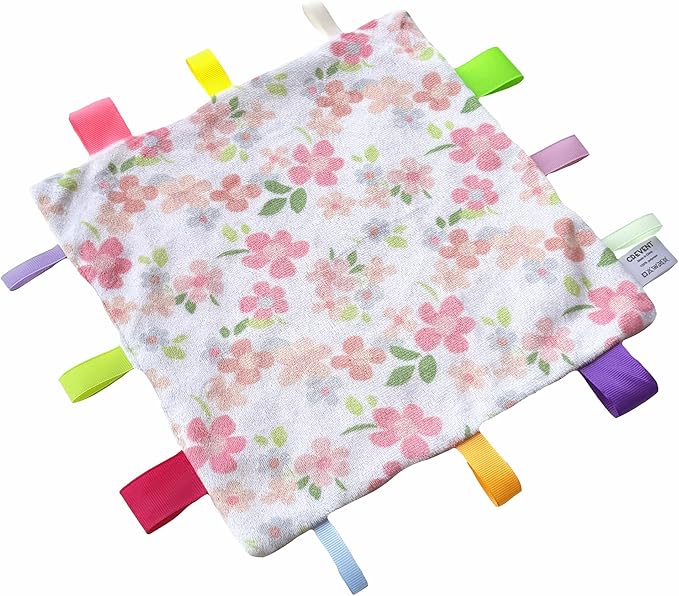CREVENT Tag Security Blankets for Babies, Soft Small Loveys for Girls, Baby Comforter Sensory Blanket, Great Gifts for Birthday Baby Shower 10"X10" (Wildflow+Ivory)