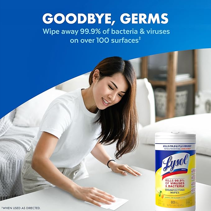 Lysol Disinfectant Wipes Multi-Surface Antibacterial Cleaning Wipes, Dorm Room Essentials For Disinfecting and Cleaning Lemon and Lime Blossom 80 Count (Pack of 2)