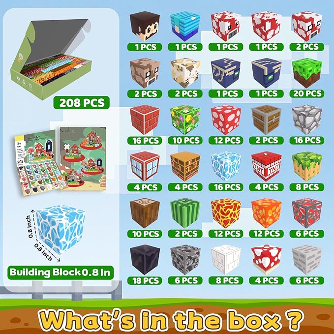 Magnetic Blocks, 208PCS Magnetic Building Blocks, Stacking Magnets for Kids, Sensory Toy for STEM Constructions Magnet Blocks for Boys Girls Age 3+, Christmas Birthday Gifts (Mushroom House)