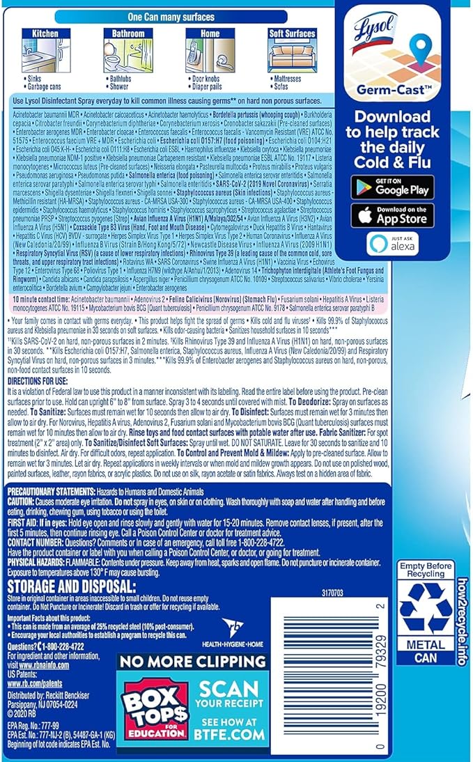 Lysol Disinfectant Spray, Household Essential Cleaning Supplies, Multi-Purpose Room Spray, Antibacterial Sanitizer Spray, Upholstery Deodorizer, Home and Bathroom, Crisp Linen,19 Fl Oz