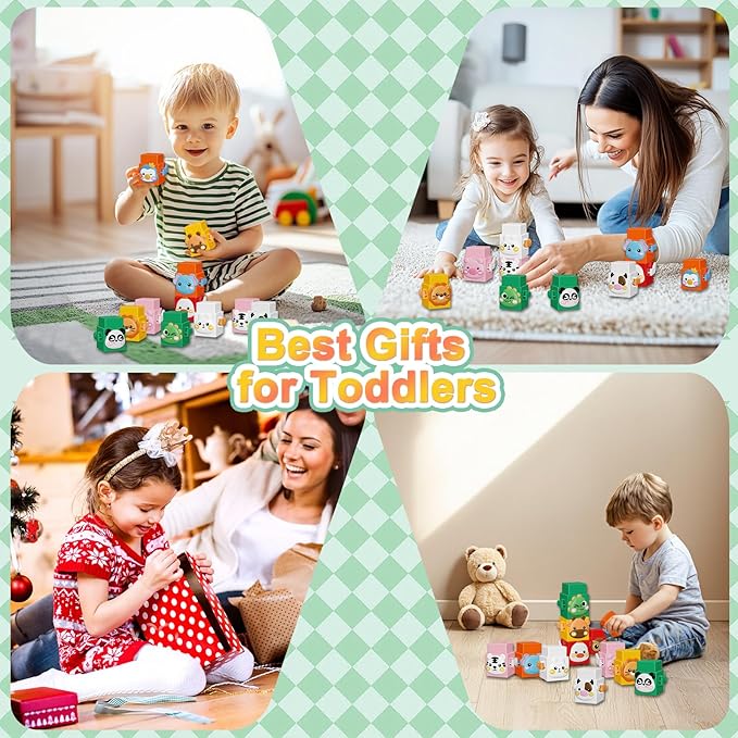 12 PCS Stacking Toys Set for Toddlers 18+ Months 1 2 3 4 Years Old Boys Girls Preschool Pressable Animals Stacking Blocks Sensory Toys with Cute Expressions Fun Easter Birthday Gifts for Kids