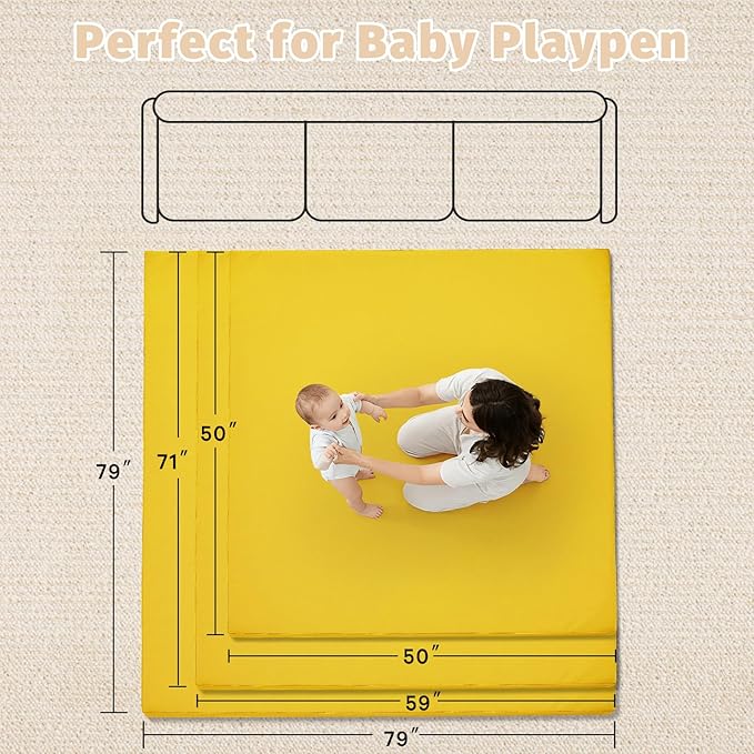 Waterproof Baby Play Mat for Floor 1.3"Thick Memory Foam 50*50 Cushion Playpen Playmat Tummy Time Crawling Mat Nursery Rug Pad Mattress Create Soft & Safe Area for Infants,Toddler,Kid,Yellow