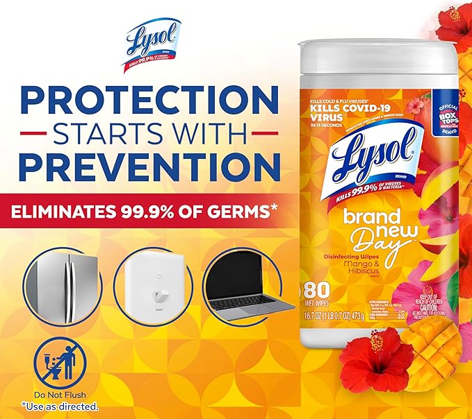 Lysol Disinfectant Wipes, Multi-Surface Cleaning Wipes, Dorm Room Essentials For Disinfecting and Cleaning, Mango & Hibiscus 80ct