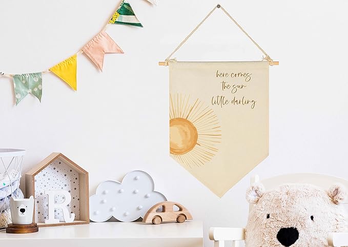Here Comes The Sun,Little Darling-Sunshine Decor-Baby Flag Presents Shower-Flag Decor Gifts for Baby Boys Girls Kids-Banner Pennant Wall Sign Gifts for Nursery Kids Room Playroom Bedroom