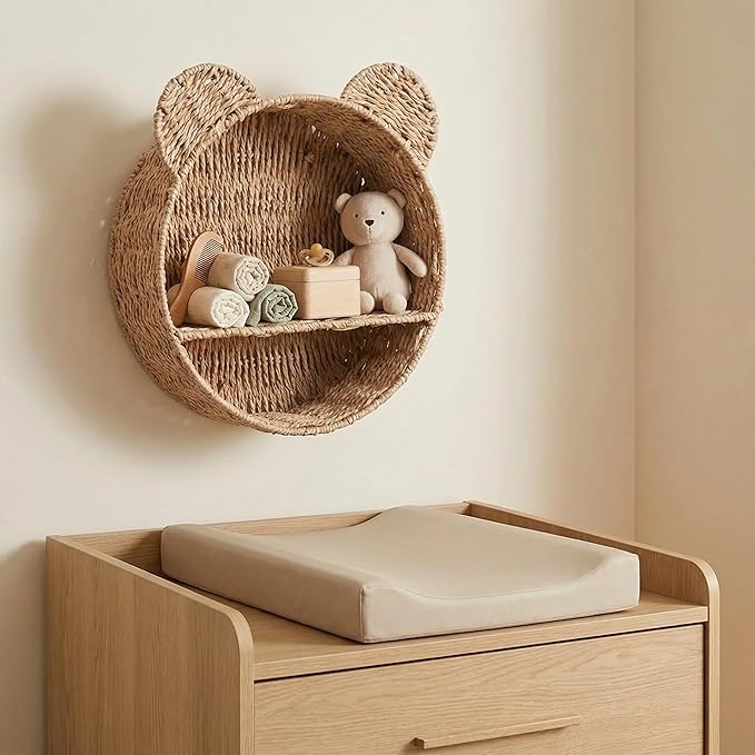 Bear Rattan Wall Shelf, Handwoven Wicker Nursery Shelf for Wall, Wall-Mounted Floating Display Shelf Organizer for Small Books, Toys & Decor