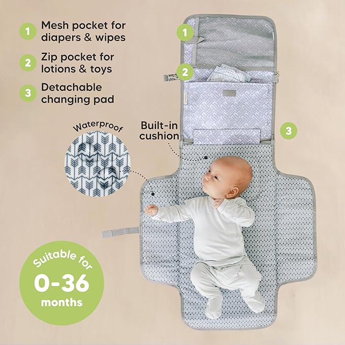 KeaBabies Portable Diaper Changing Pad - Large Waterproof Baby Changing Mat, Compact Travel Diaper Clutch, Functional Pockets Fit Newborn Essentials, Wipeable & Padded Baby Changer (Gray Mod)