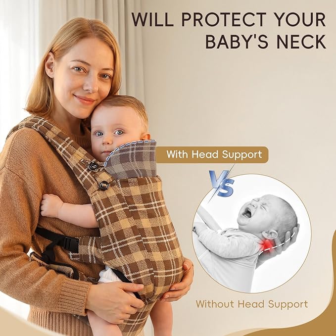 FRUITEAM Baby Carrier, Newborn Carrier with Adjustable Seat Size, Lightweight & Ergonomic Baby Carrier Newborn (7-25 Lbs), Easy to Wear, Travel and Hiking Friendly (Brown Plaid)