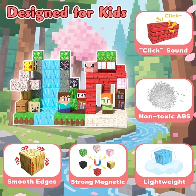 Magnetic Blocks, 208PCS Magnetic Building Blocks, Stacking Magnets for Kids, Sensory Toy for STEM Constructions Magnet Blocks for Boys Girls Age 3+, Christmas Birthday Gifts (Sakura Forest)