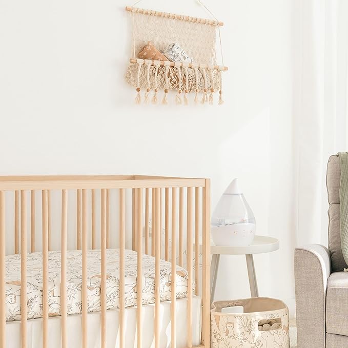 Crane Baby Macrame Hanging Storage Bin for Nursery, Boho Baby Decor, Baby Toy Hanging Basket Wall Storage, Bohemian Macrame Nursery Decor, 16" W X 22" H