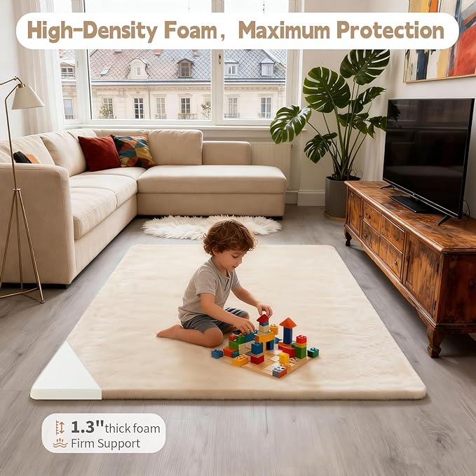 Velvet Baby Play Mat for Floor, 1.3" Thick Elasti-Foam 50"×50" Playpen Mat with Removable & Washable Velvet Cover for Toddler, Infant,Kids, Non-Slip Crawling Mat for Tummy Time (Beige)