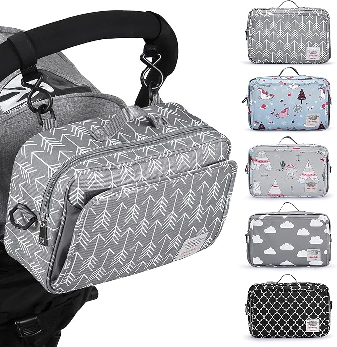 Universal Stroller Caddy Accessories All-in-One Baby Organizer with Insulated Pocket,Capacity for Diapers, Toys & Snacks, Dark Gray