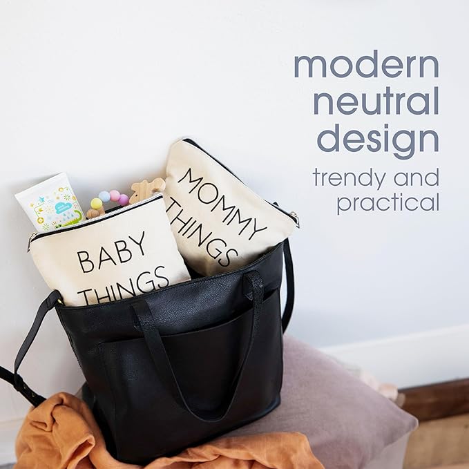 Pearhead Mommy and Baby Things Pouch Set, Canvas Zipper Organizer Bags for Diaper Bag and Travel, Cosmetic and Makeup Bag for Mom, Hospital Bag Essentials
