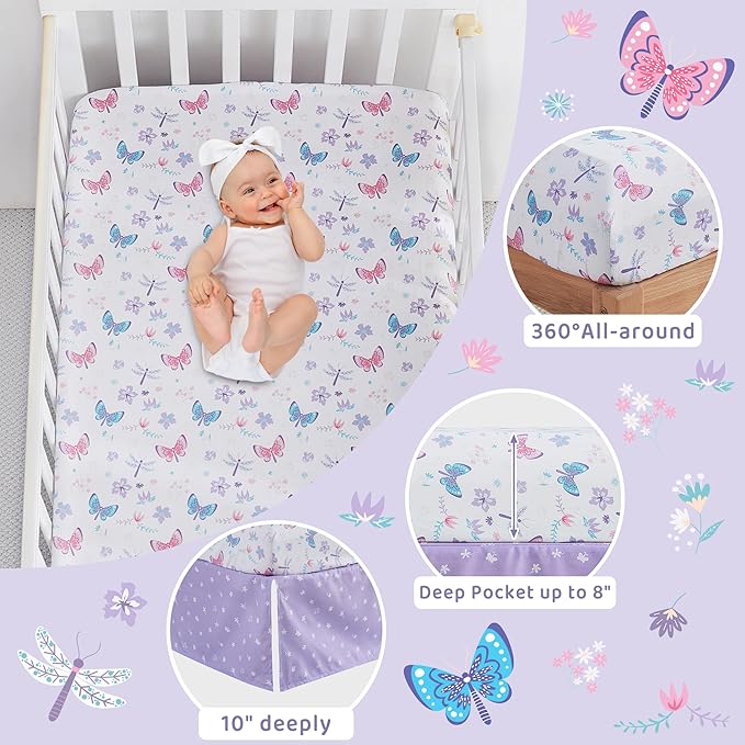 3 Piece Baby Crib Bedding Set, Infant Nursery Bed Set Decor with Quilt + Fitted Crib Sheet + Skirt, Baby Bedding Set Breathable and Soft for Baby Boy and Girl - Purple Butterfly