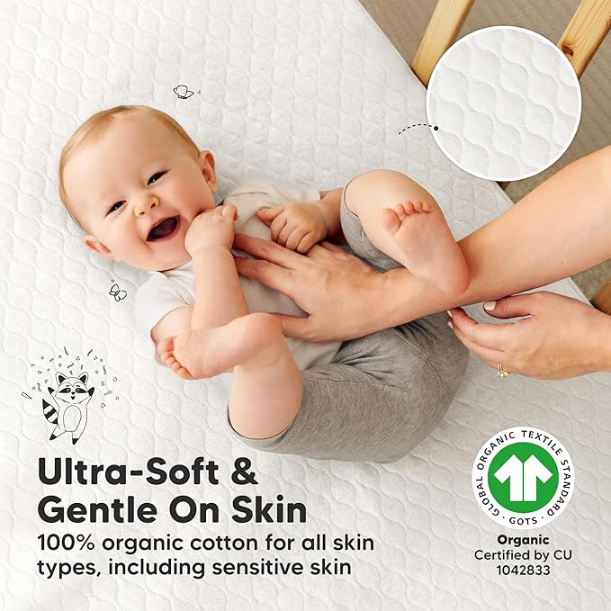 1-Pack Waterproof Crib Mattress Protector Cover Fitted - Quiet Baby Crib Mattress Pad Sheets, 52" x 28" Soft Quilted Cotton Baby Sheet, Machine Washable, Easy Fit, Durable (Soft White/Mavy)