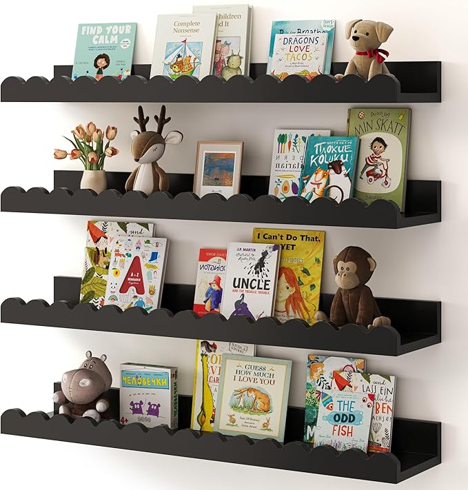 Shario Nursery Book Shelves, 4-Pack Wood Floating Shelves for Wall Kids, Scalloped Shelves, Wall Book Shelves for Bedroom Kids, Toddler Room, Baby Room, Nursery Decor (Black, 23 Inches)