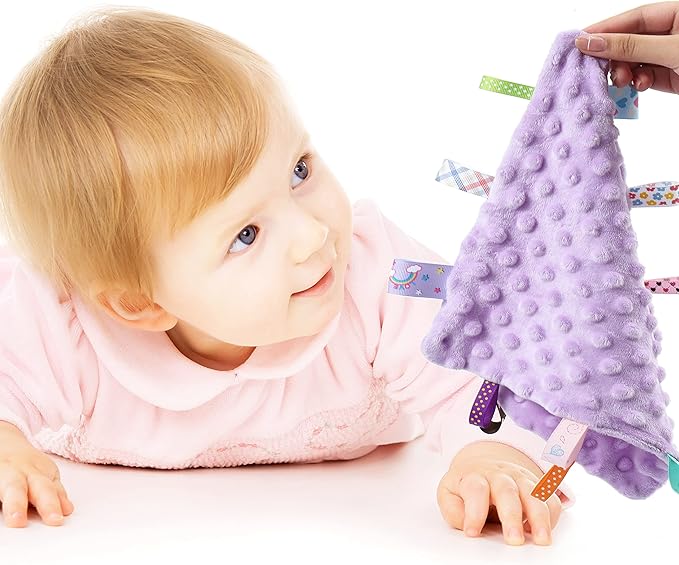 CREVENT Tag Security Blankets for Babies, Soft Small Loveys for Girls, Baby Comforter Sensory Blanket, Great Gifts for Birthday Baby Shower 10"X10" (Purple+Pink Tag, Crib)