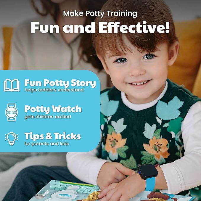 Potty Training Watch & Board Book for Kids – A Water Resistant Potty Reminder Device for Boys & Girls - Train Your Toddler with Fun Musical or Vibration Reminders and Printed Board Book (Blue)