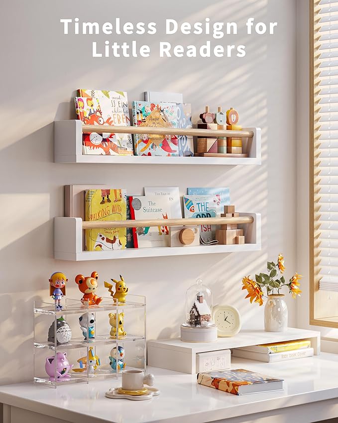 Nursery Book Shelves, 4 Pack, Wall Book Shelves for Kids Room, Baby, Toddler, Nursery Decor (White Wood, 23 Inches)