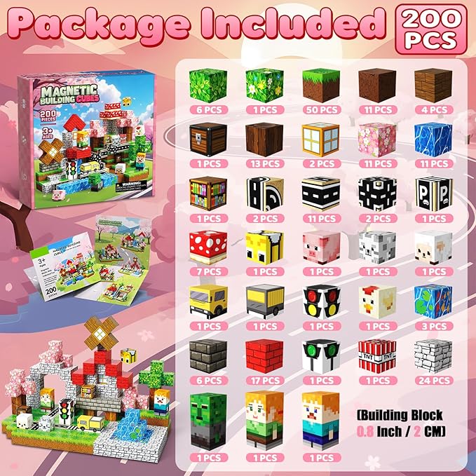Magnetic Blocks, 200PCS Magnetic Building Blocks, Stacking Magnets for Kids, Sensory Toy for STEM Constructions Magnet Blocks for Boys Girls Age 3+, Christmas Birthday Gifts, Pink Sakura Traffic
