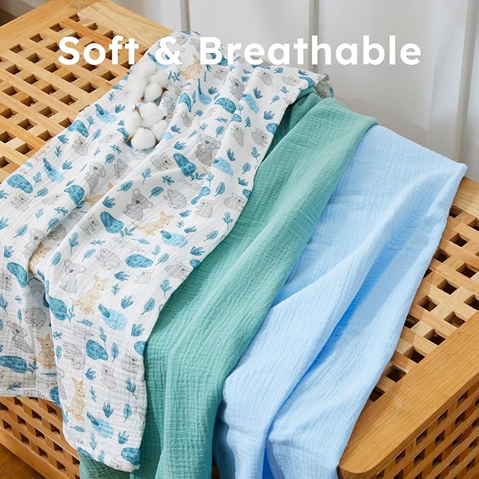 5 Pack Muslin Swaddle Blankets & Baby Burp Cloths, Soft & Breathable Cotton Baby Blankets, Receiving Blankets for Newborn Boy, Nursery Infant Essentials, Swaddling Wrap for Unisex (Blue & Teal)