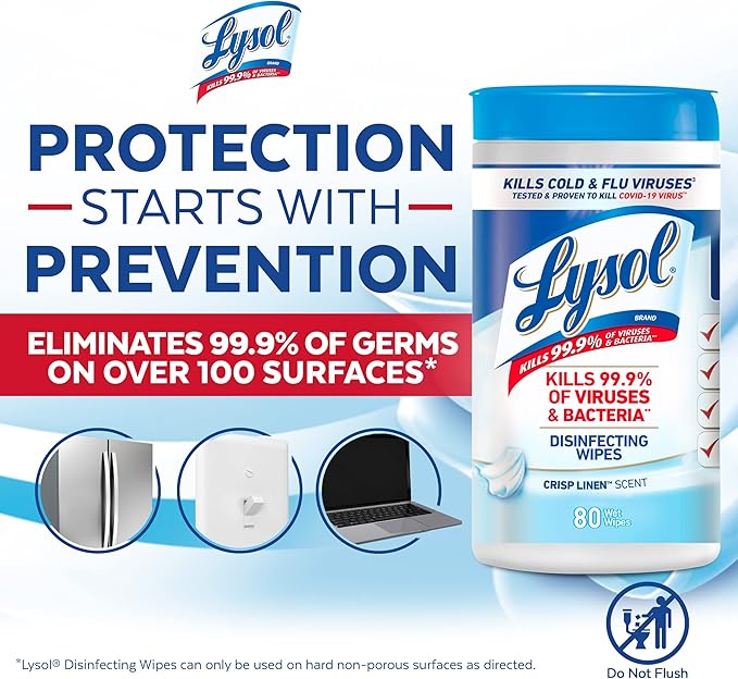 Lysol Disinfectant Wipes, Dorm Room Essentials, Multi-Surface Antibacterial Cleaning Wipes, For Disinfecting and Cleaning, Crisp Linen, 80 Count